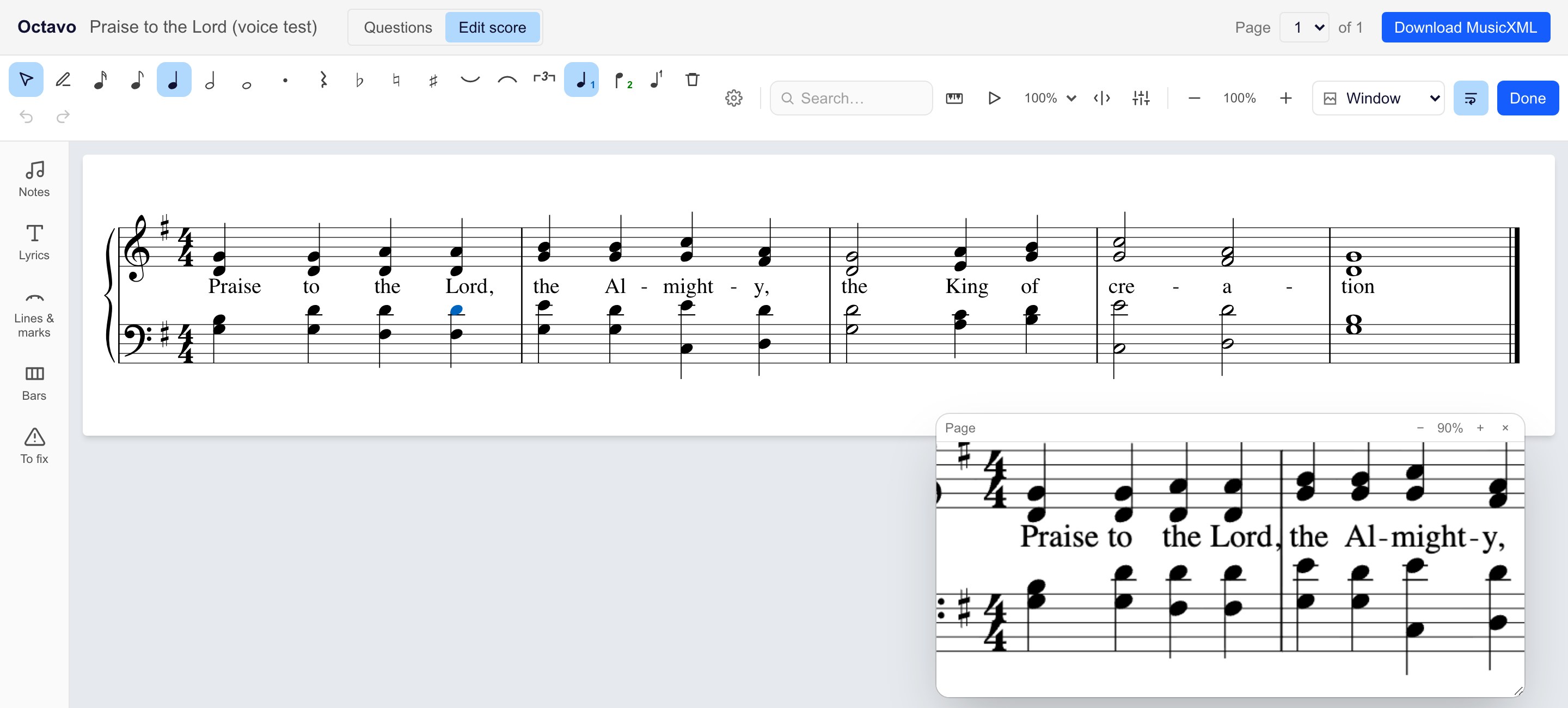 The editor: a hymn being fixed, with the scanned page in a window that follows the cursor